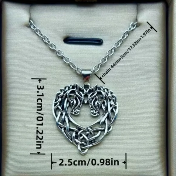 Celtic Knot  Horse Heart Pendant 2 Horses Braided Viking Neclace - Picture 2 of 2